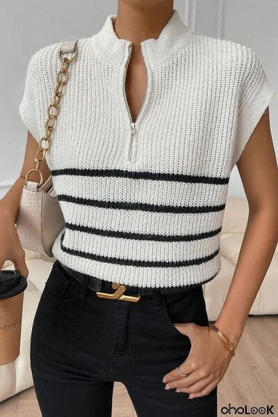 Striped Mock Neck Half Zip Sweater Vest