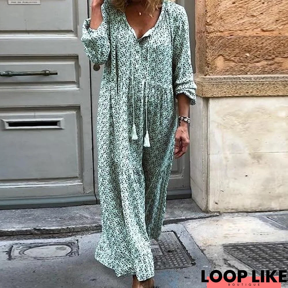 Plus Size Boho Printed Vintage Dress Loose V-Neck Long Sleeve Maxi Dresses