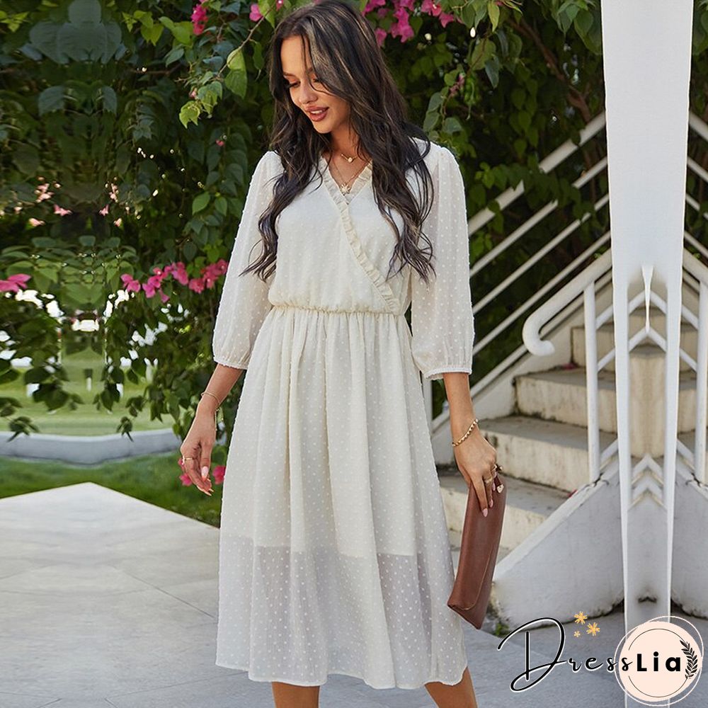 Spring New chiffon dress women casual solid color neck three quarter sleeve high waist