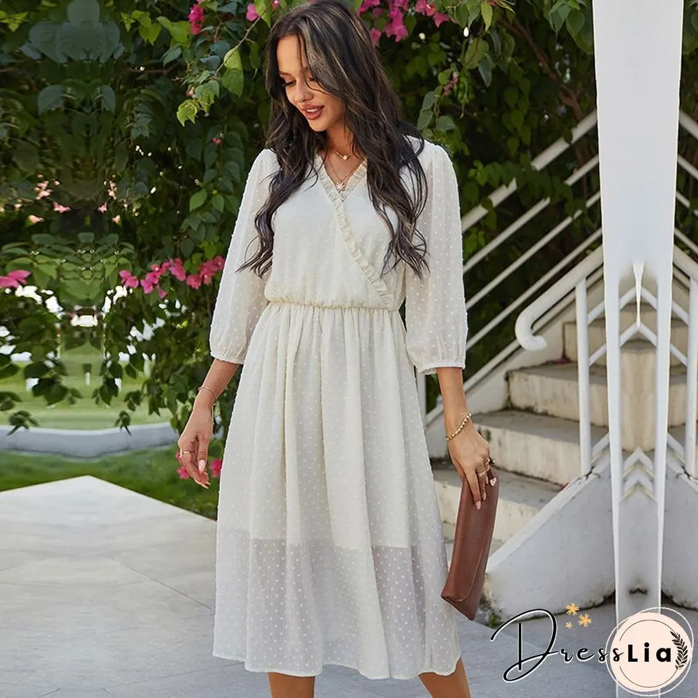 Spring New chiffon dress women casual solid color neck three quarter sleeve high waist