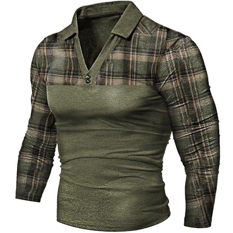 Men's Plaid Printed Outdoor Long Sleeve V-Neck T-Shirt