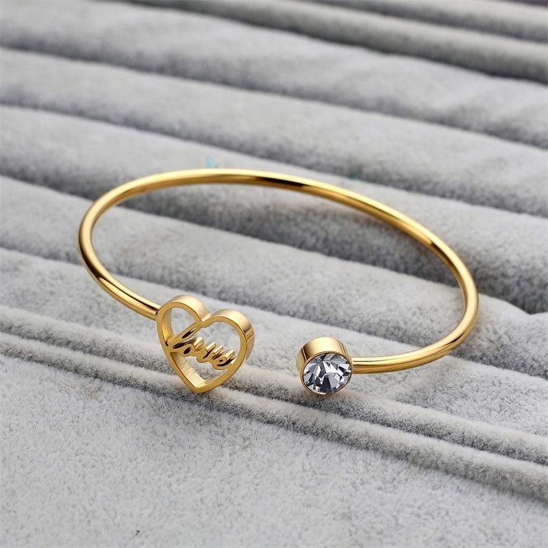 Casual Minimalist Classic Style Love Heart Shape Stainless Steel Titanium Steel Zircon Cuff Bracelets In Bulk