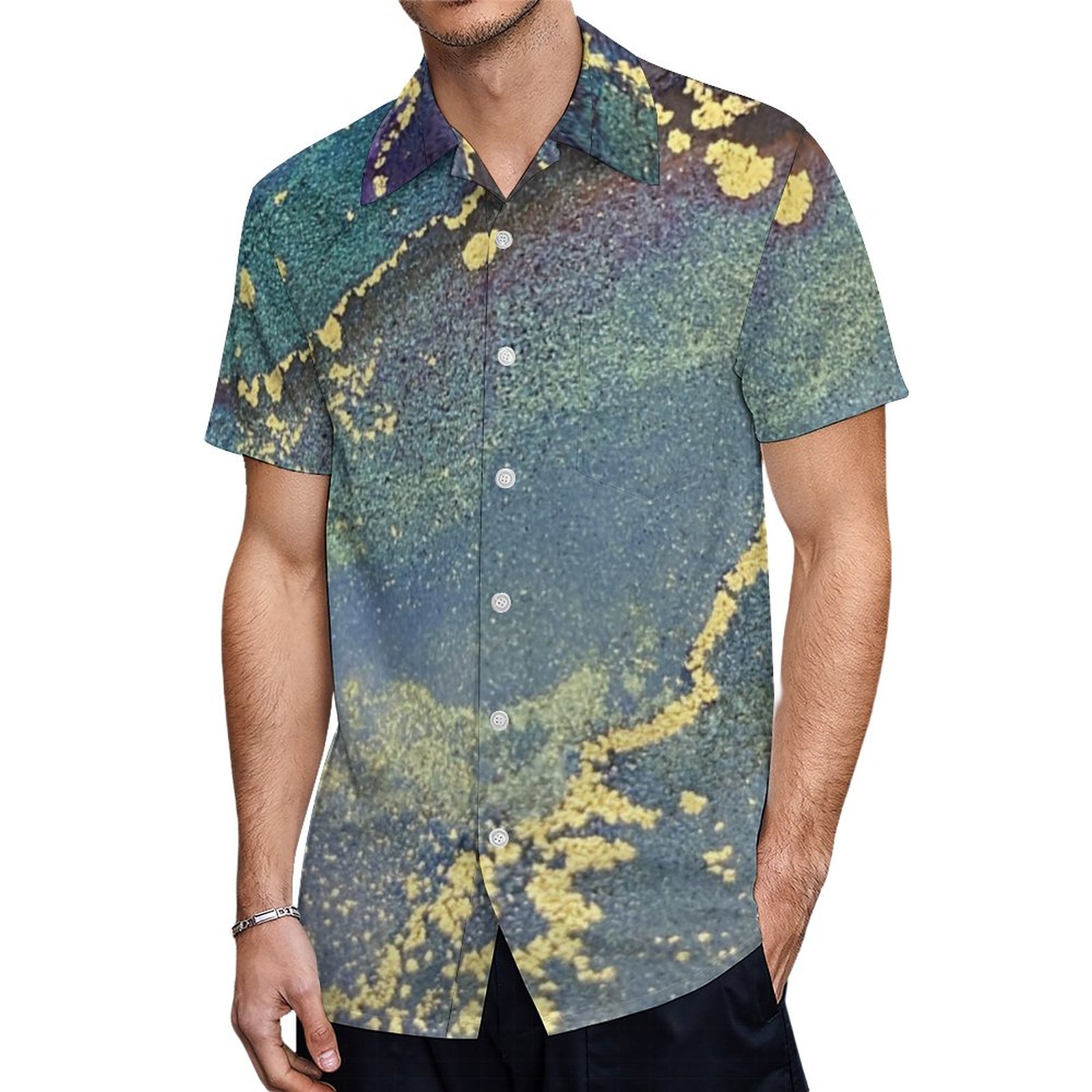 Abstract Alcohol Ink Liquid Art Teal Gold Hawaiian Shirt Mens Button Down Tropical Hawaii Beach Shirts
