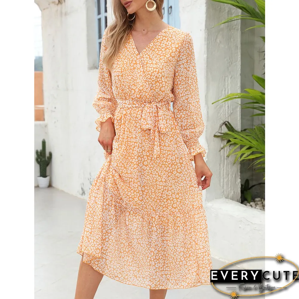Yellow Floral Print V Neck Long Sleeve Swing Dress