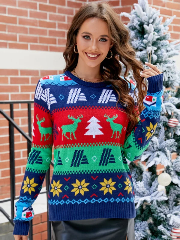 Casual couple wear Christmas new style jacquard contrasting elk pullover sweater Flusfy