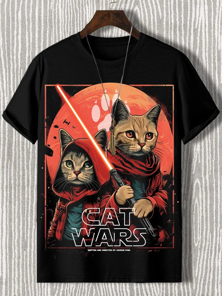 Men's Funny Cat Wars Art Print Casual T-Shirt