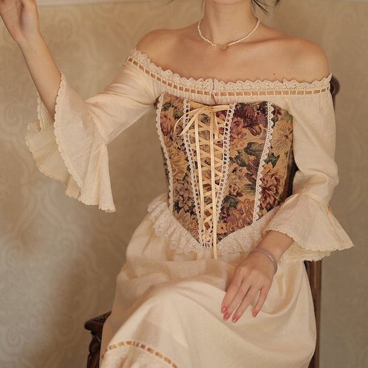 Fairy Tales Aesthetic Vintage Lace Corset + Ruffled Off Shoulder Dress QueenFunky