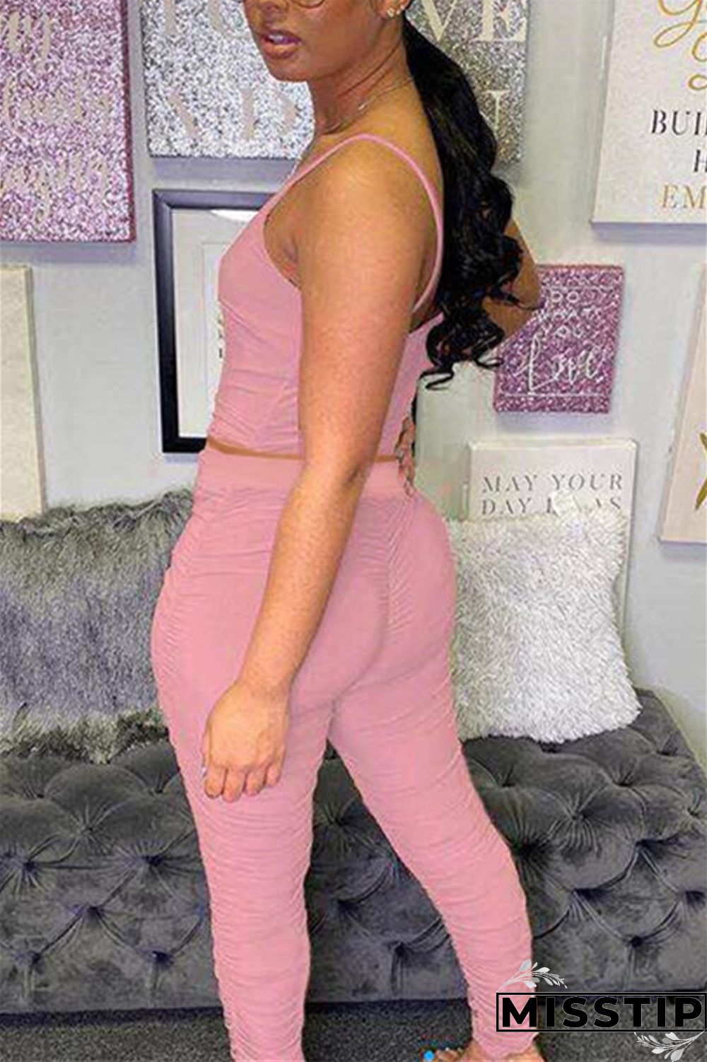 Pink Sexy Lips Print Sling Top Pants Set
