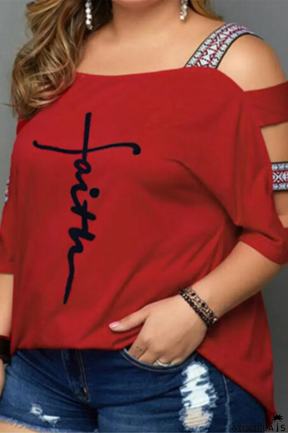 Black Fashion Casual Print Hollowed Out O Neck Plus Size Tops