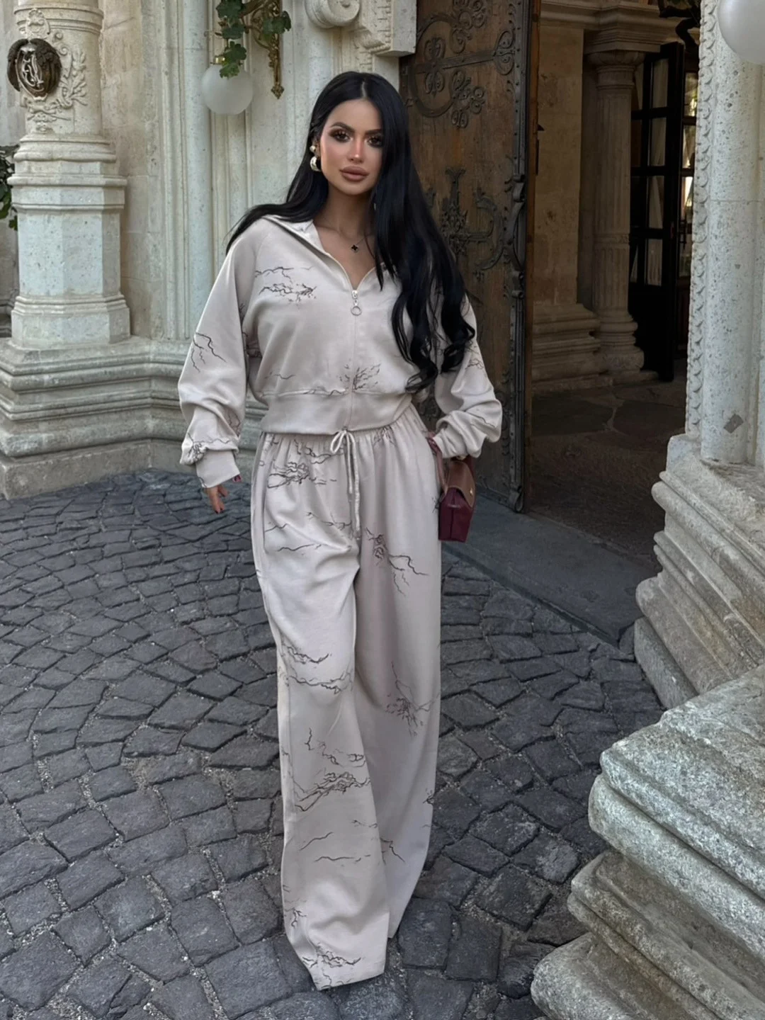 Athvotar Athvotar Push Branch Print Hooded Jacket Set Black And White Optional Loose Version Of Ultra-Comfortable Fashion Woman