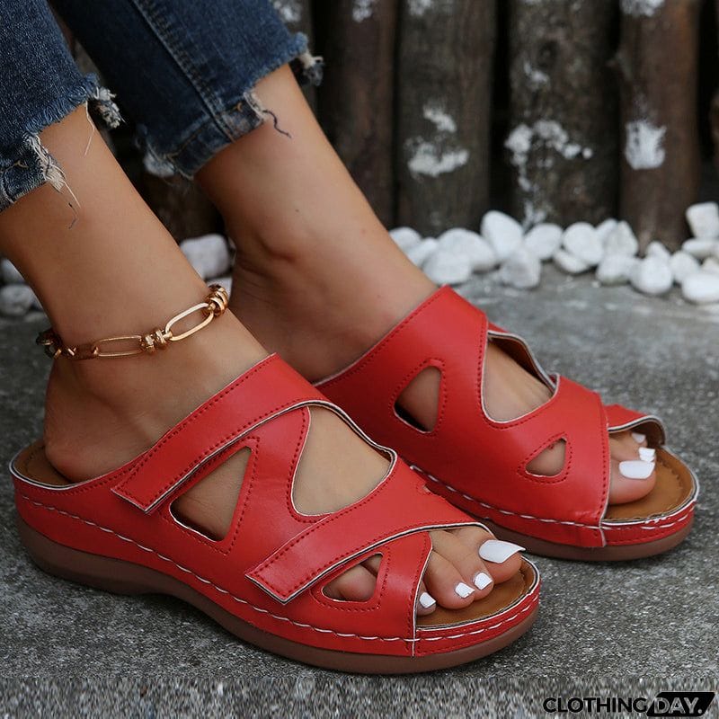 Summer Hollow Out Velcro Wedge Heel Casual Slippers for Women