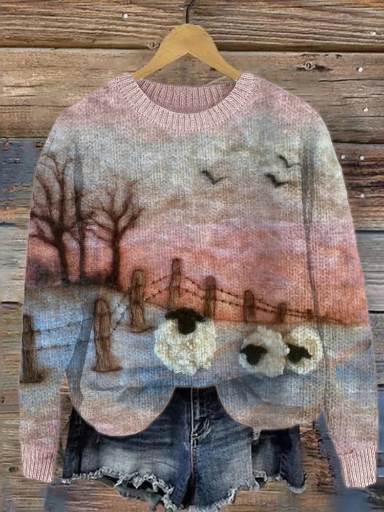 VChics Farm Sheep Sunset Landscape Felt Art Cozy Sweater