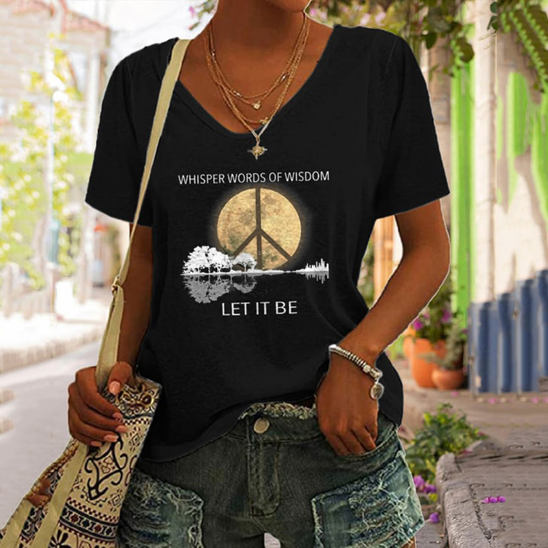 V-Neck Hippie Guitar Lake Whisper Words Of Wisdom Let It Be Print T-Shirt wearshes