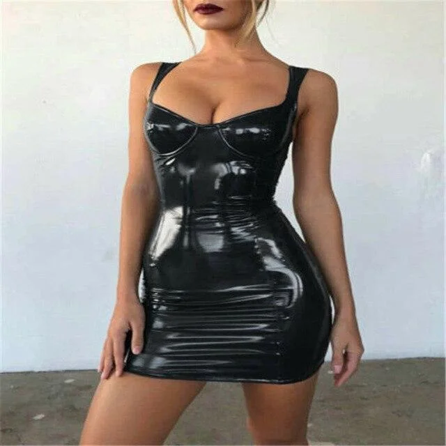 2019 Sexy Backless Club Party Short Dress Solid Black Wet Look Latex Bodycon Faux Leather Push Up Bra Mini Micro Dress Leotard 1103