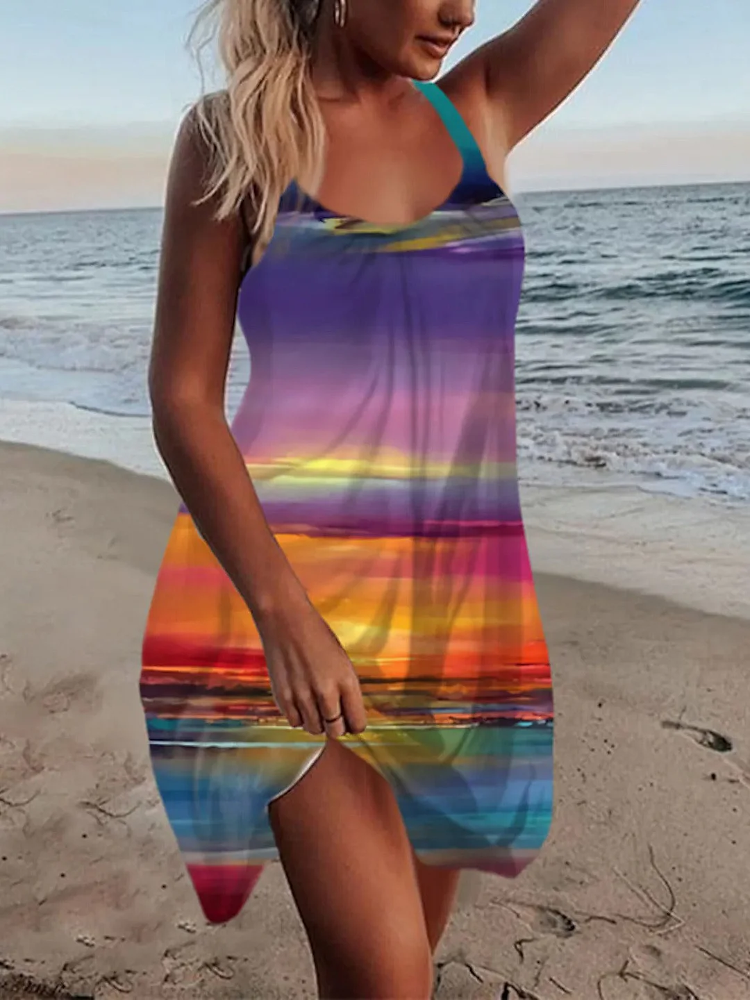 Sunset Print U-Neck Sleeveless Sling Dress