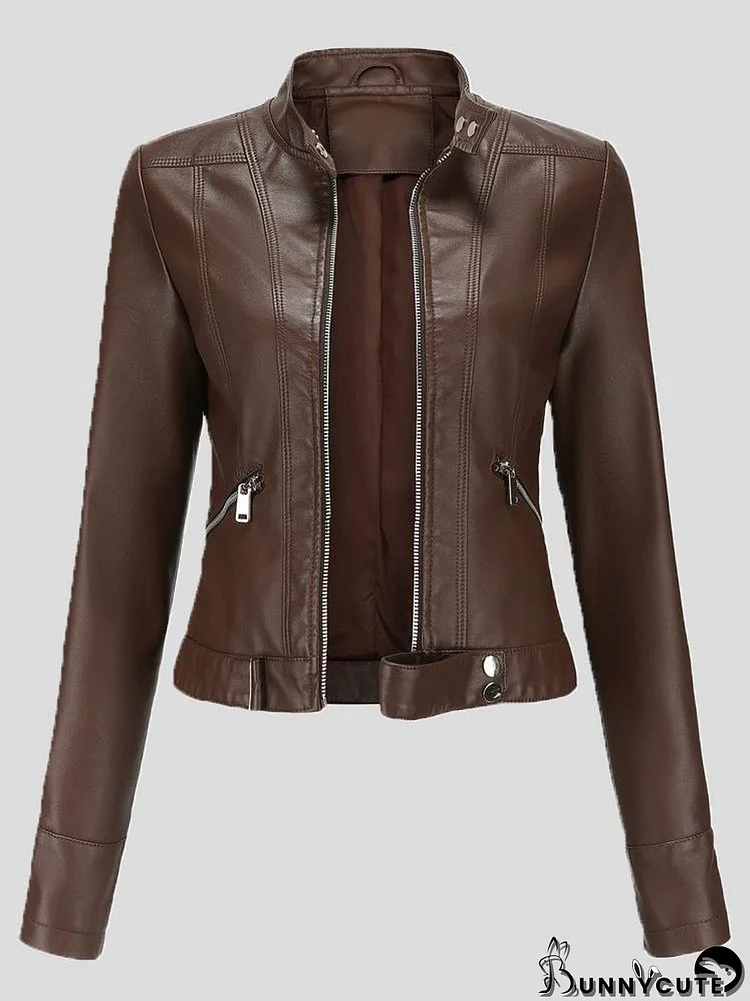 Women's Jackets Short Stand-Up Collar Zipped Leather Jacket