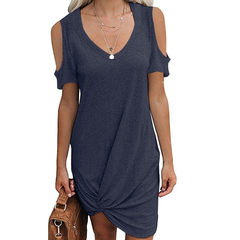 Casual Loose Sexy Strapless Dress Summer New Women's V-Neck Short-Sleeved Solid Color Plus Size Short Sleeve Sexy Dress