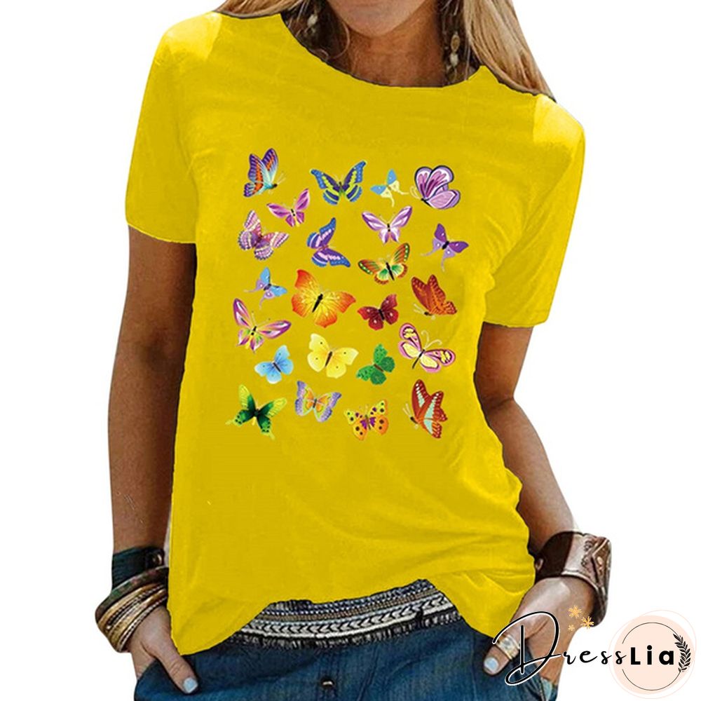 Colorful Butterfly Printed Female T Shirt Summer Fashion Short Sleeve Women T Shirts Round Neck Top Tees