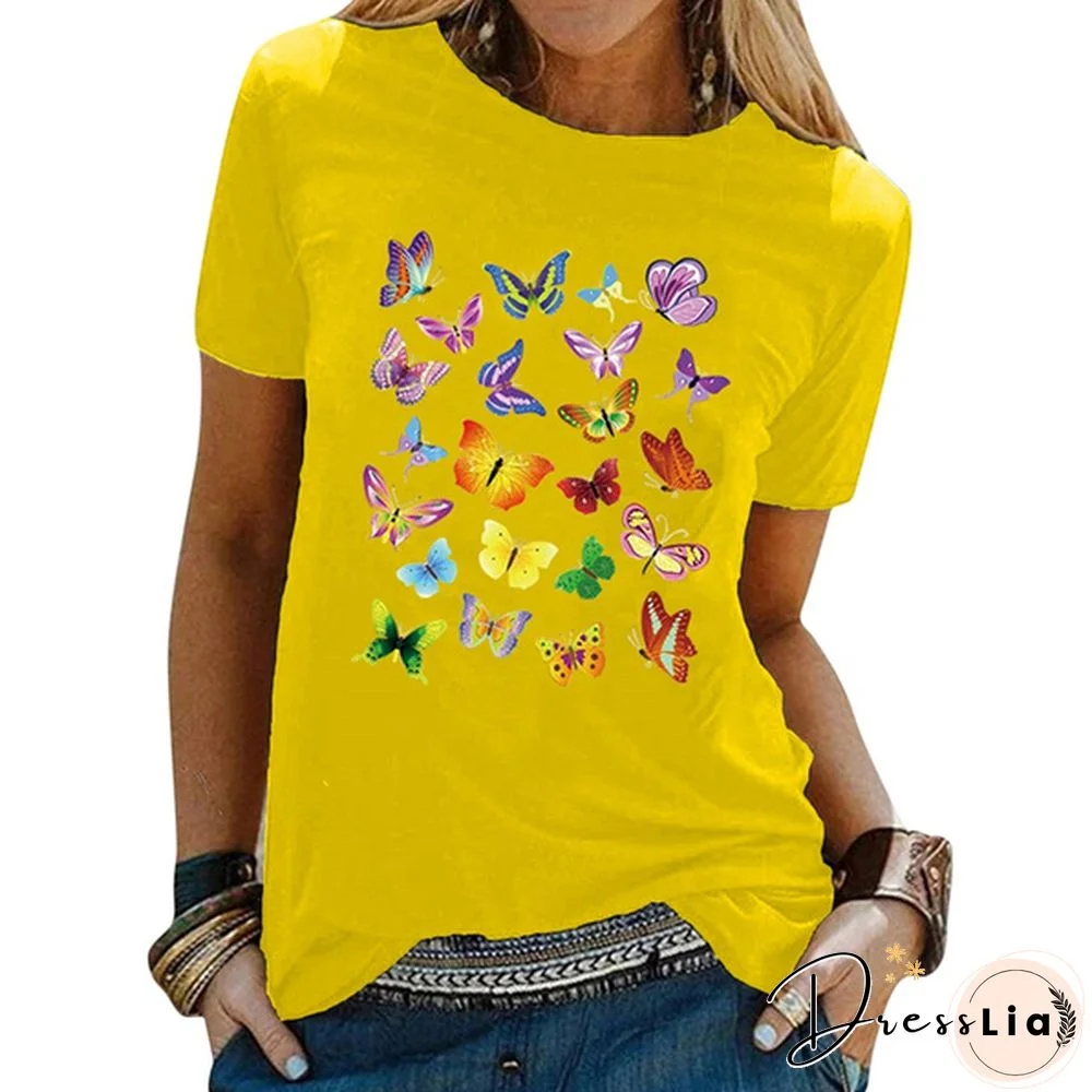 Colorful Butterfly Printed Female T Shirt Summer Fashion Short Sleeve Women T Shirts Round Neck Top Tees