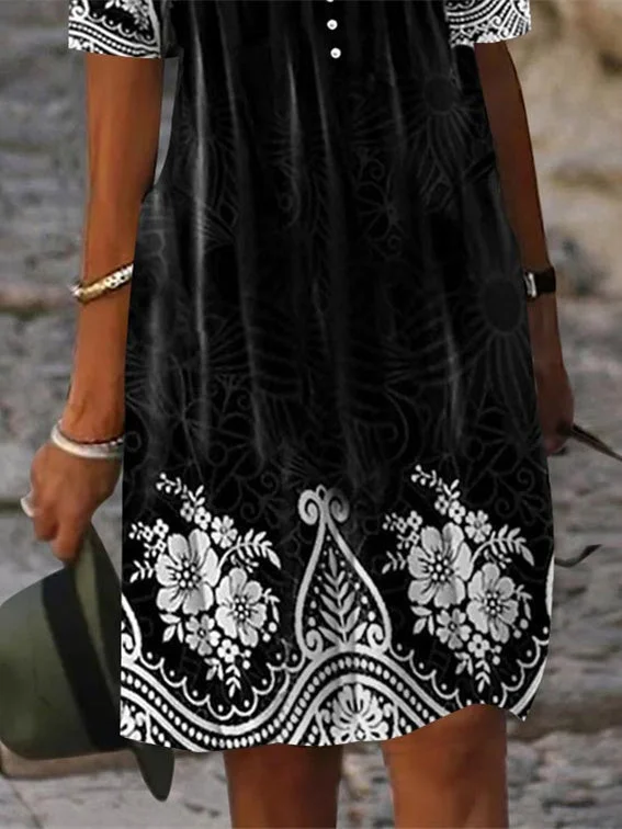 Women Half Sleeve V-neck Solid Color Dress