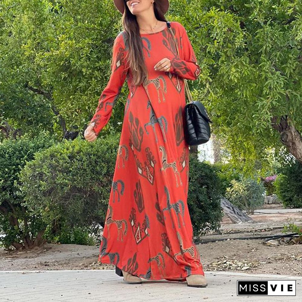 Simple Round Neck Printed Yellow Dress