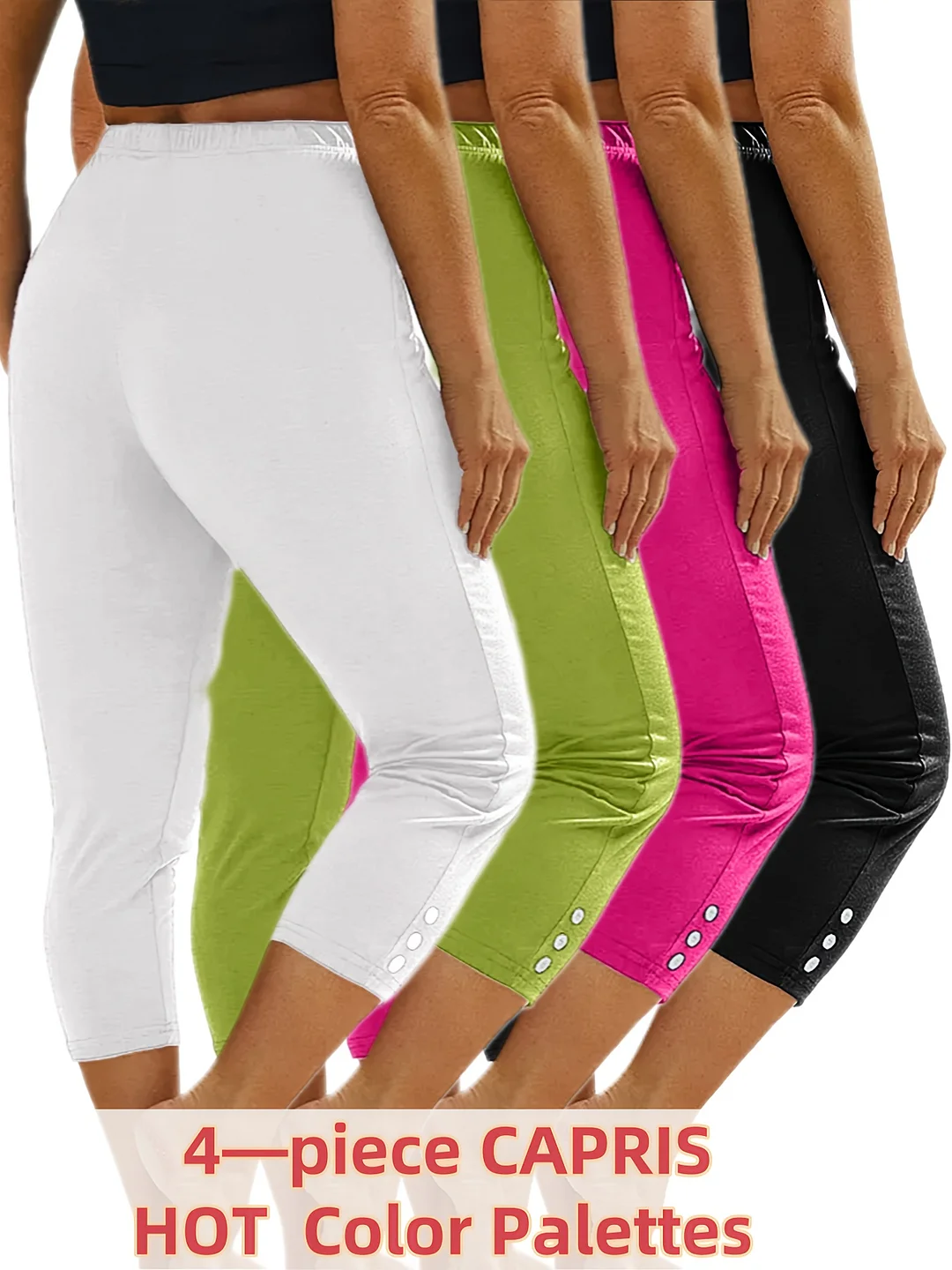 4-Pack Women's High Waist Capri Leggings 7-Inch Length - High-Stretch Yoga Running Workout Pants With Faux Button Decor, 4 Solid Colors White/Grey/Maroon/Black), Machine Washable For Spring Summer Fall, Workout Leggings, Fitness Apparel, Seamless Design | IFYHOME