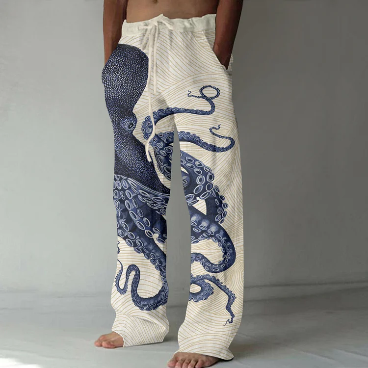 Japanese Art Octopus Waves Printed Pants