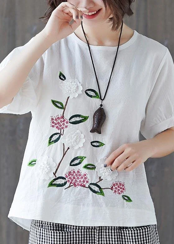 Loose White Embroideried Floral Cotton Linen Tees Summer