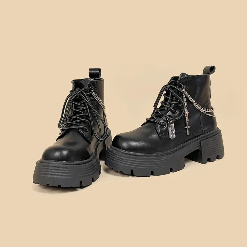 Brownm Chain with Cross Combat Boots