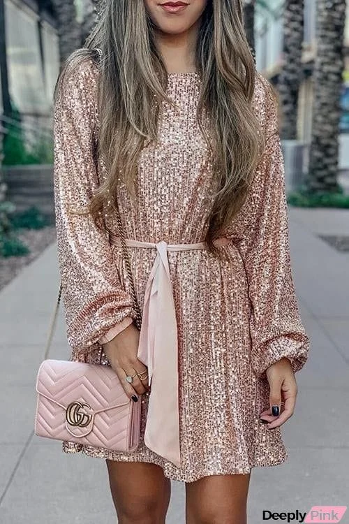 Sequin Belted Long Sleeve Mini Dress