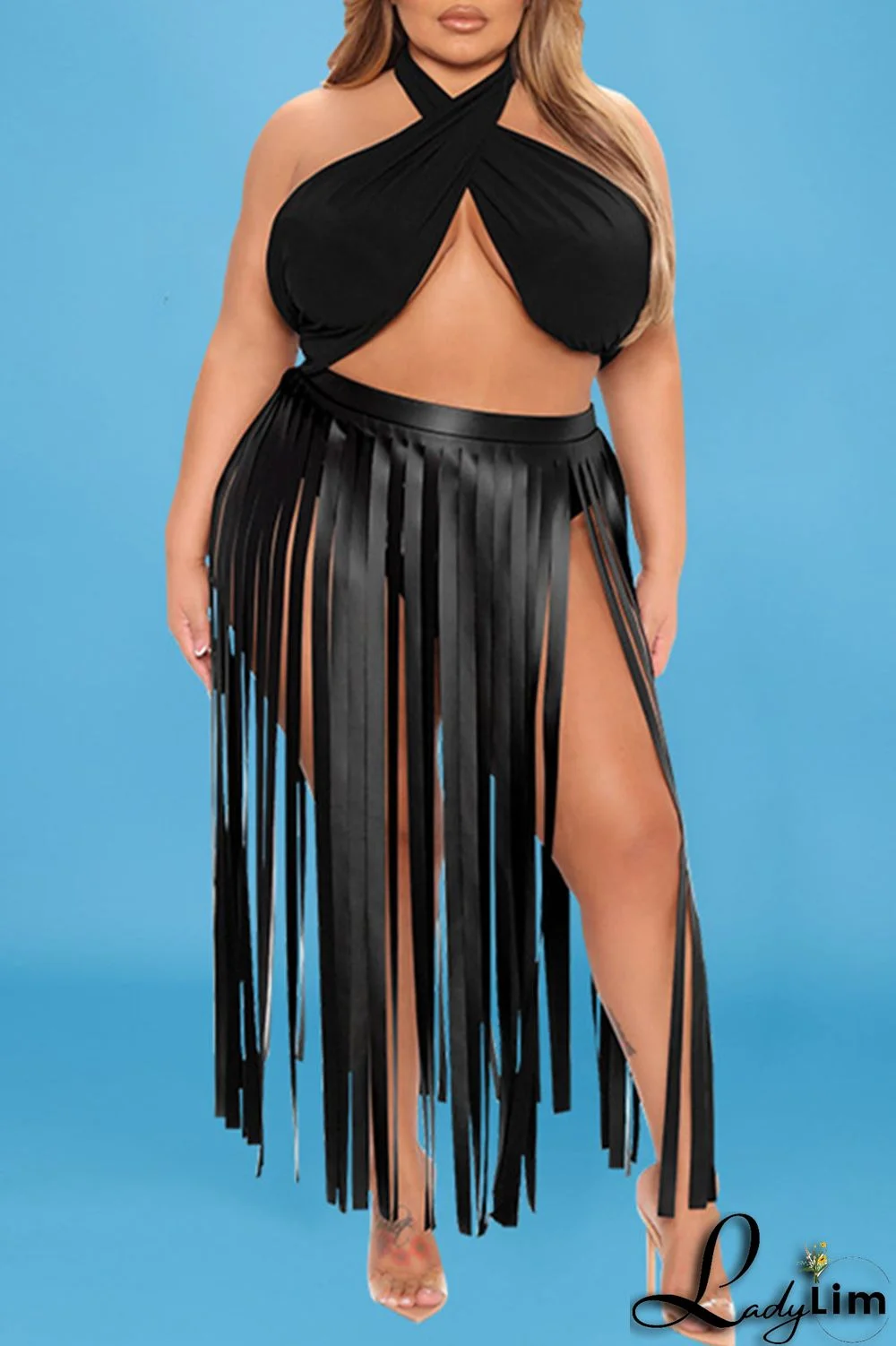 Black Fashion Sexy Solid Tassel Backless Halter Plus Size Two Pieces