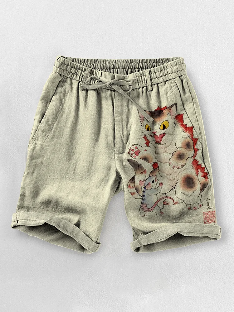 Men's Cat And Mouse Japanese Art Print Casual Shorts