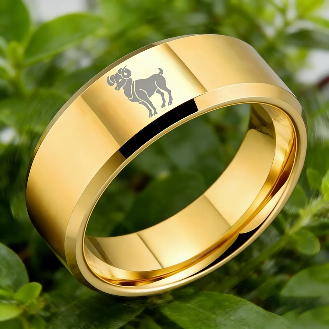 Beveled Edges Laser Etched Tungsten Carbide Gold Aries Couple Wedding Bands 4MM 6MM 8MM Width