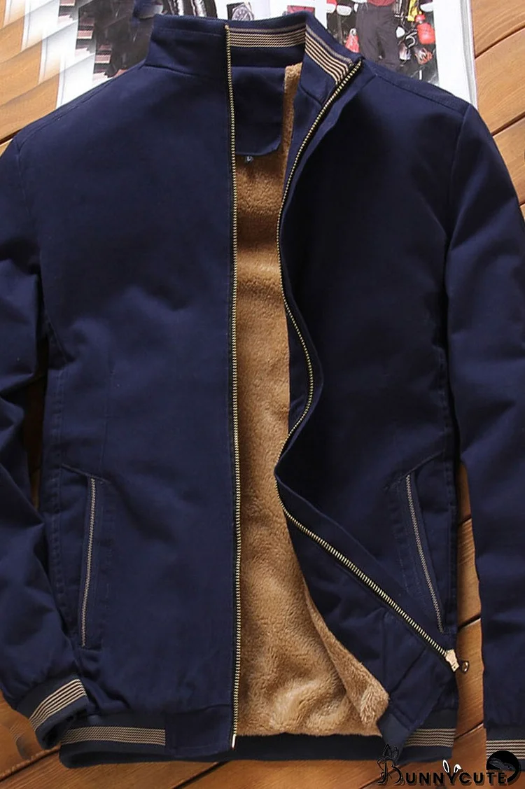 Deep Blue Casual Split Joint Zipper Mandarin Collar Outerwear