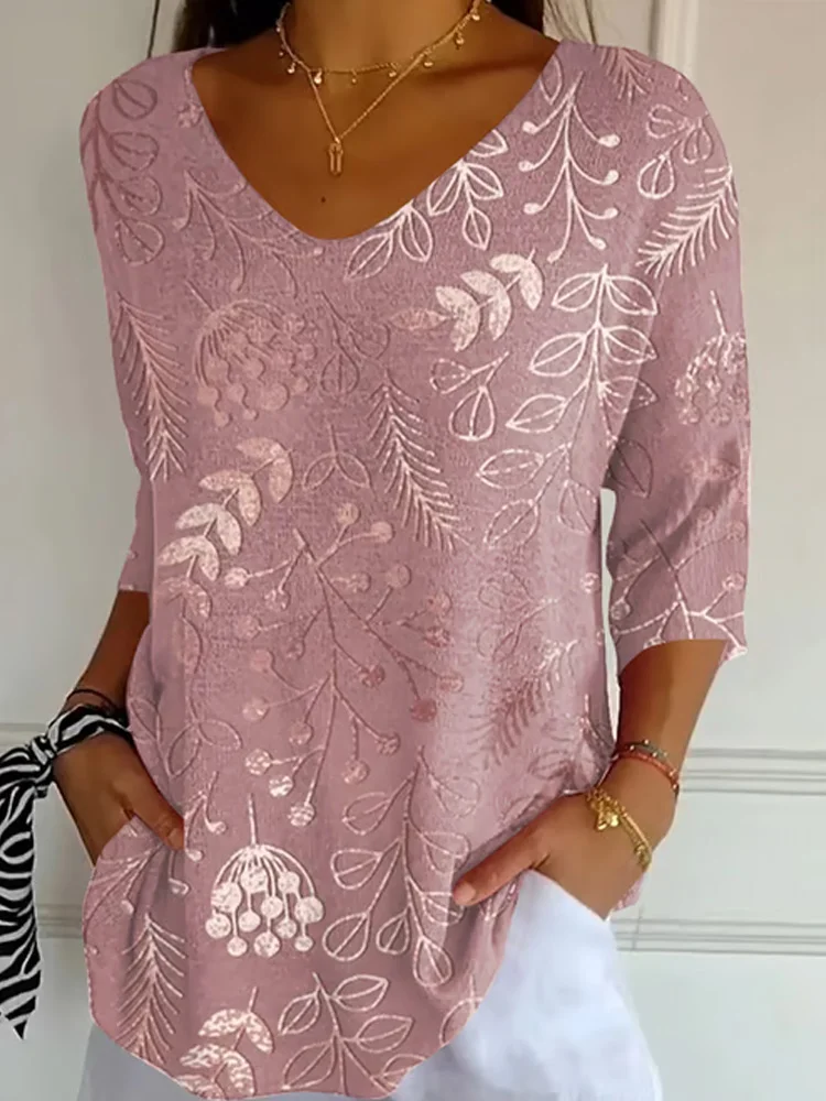 Womens Breast Cancer Awareness Pink Floral Print Striped Fabric Casual V Neck T-shirt