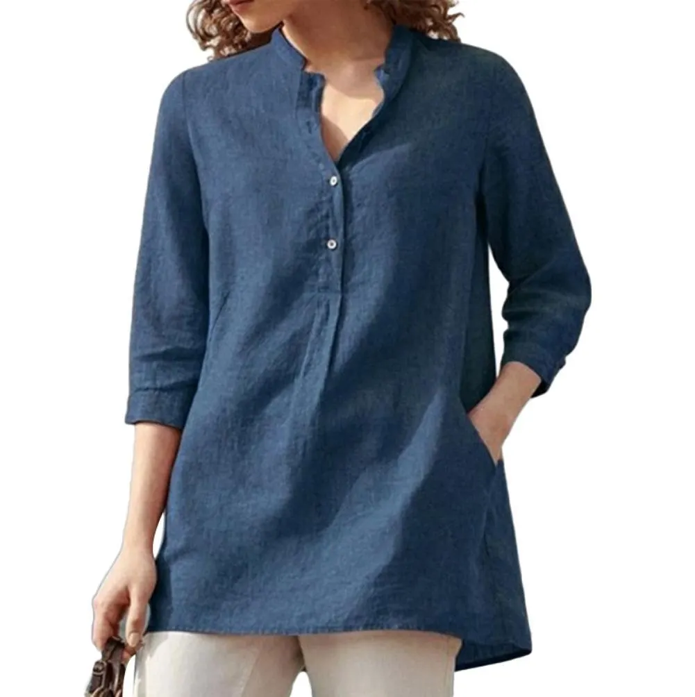 Casual Women Solid Color 3/4 Sleeve Pockets Buttons Cotton Linen Plus Size Shirt Solid color easy to pair with variety of pants