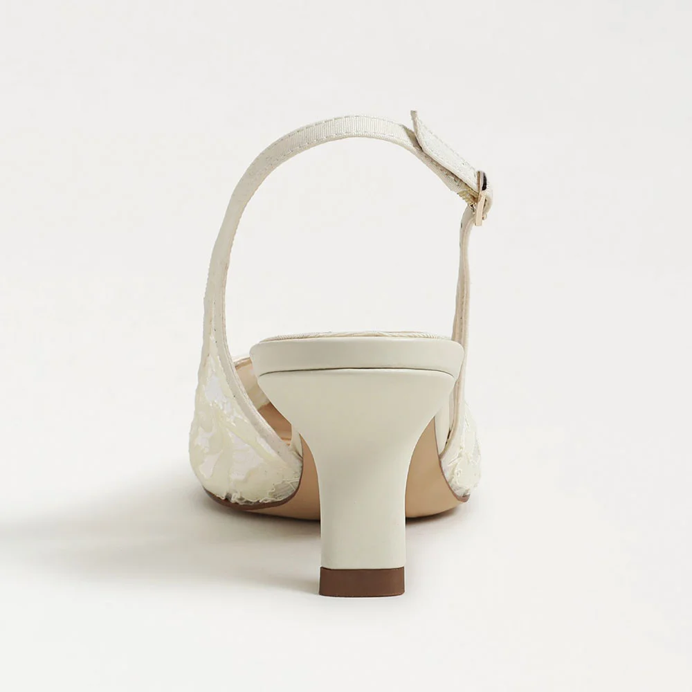 Fashion Ivory Pointed Toe Embroidered Pumps Shoes with Chunky Heel