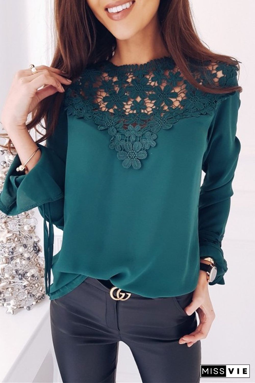 Lace Patchwork Chiffon Solid Blouse