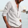 Men's Shirt Linen Shirt Maroon Shirt Solid Color V Neck White Black Gray Wine Army Green Long Sleeve Daily Vacation Tee by Inlyline