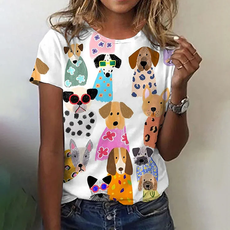 Women's Funny Colorful Dogs Print Casual T-Shirt