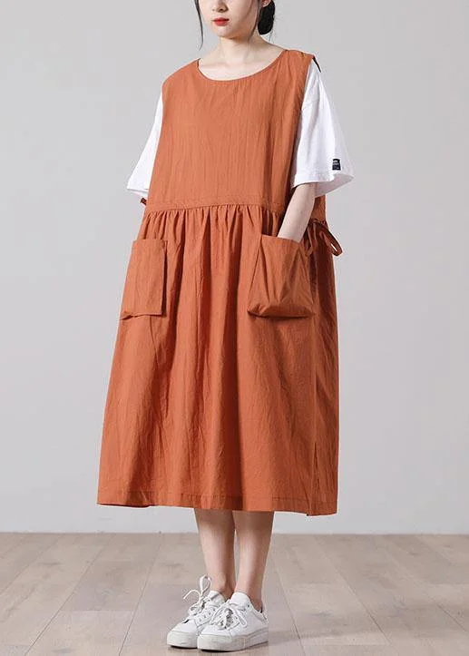 Plus Size Pockets Orange Mid big hem Summer Cotton Dress