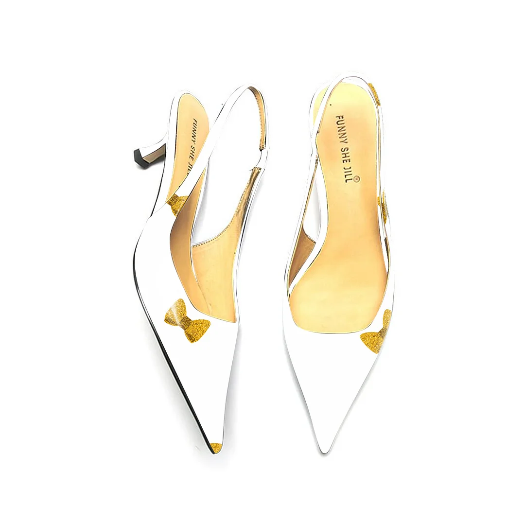 Golden Bow Pattern White Patent Leather Slingback Heels Pointed Toe Chunky Heel Pumps Nicepairs