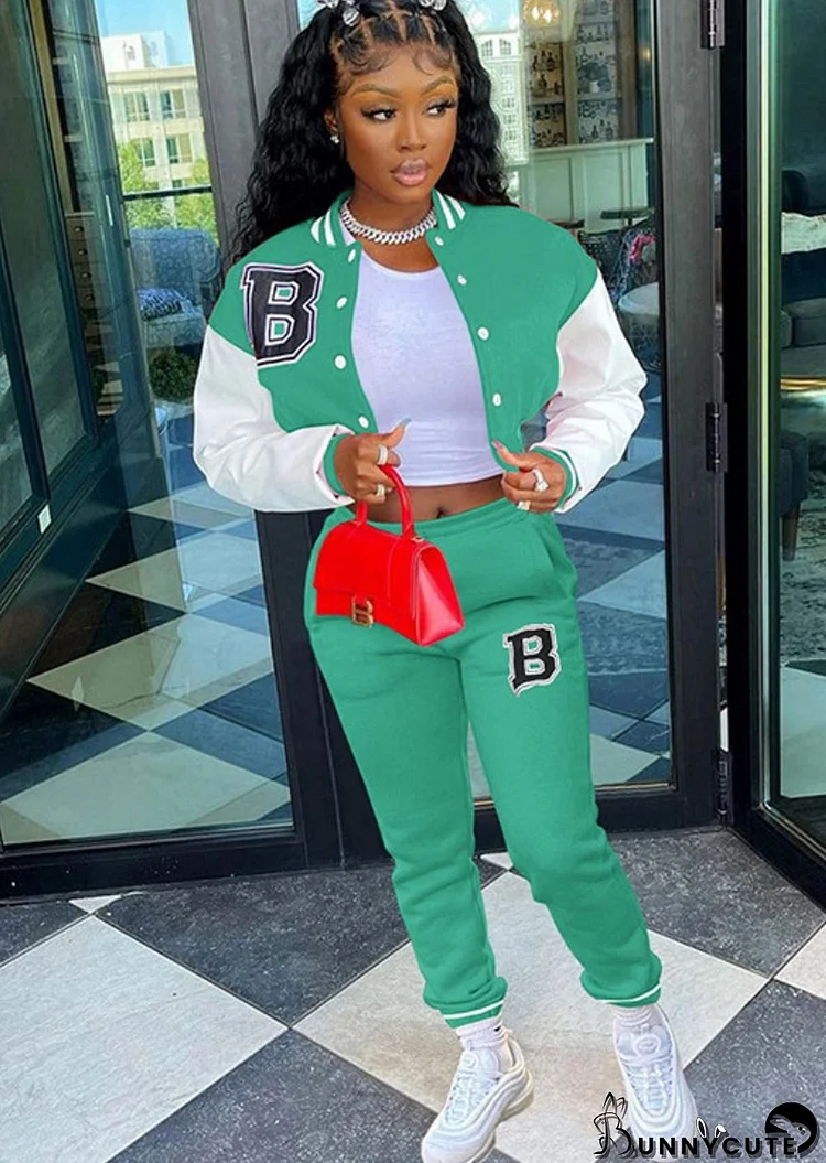 Spring Light Green Letter Print Baseball Jacket and Sweatpants Sportswear Vendors