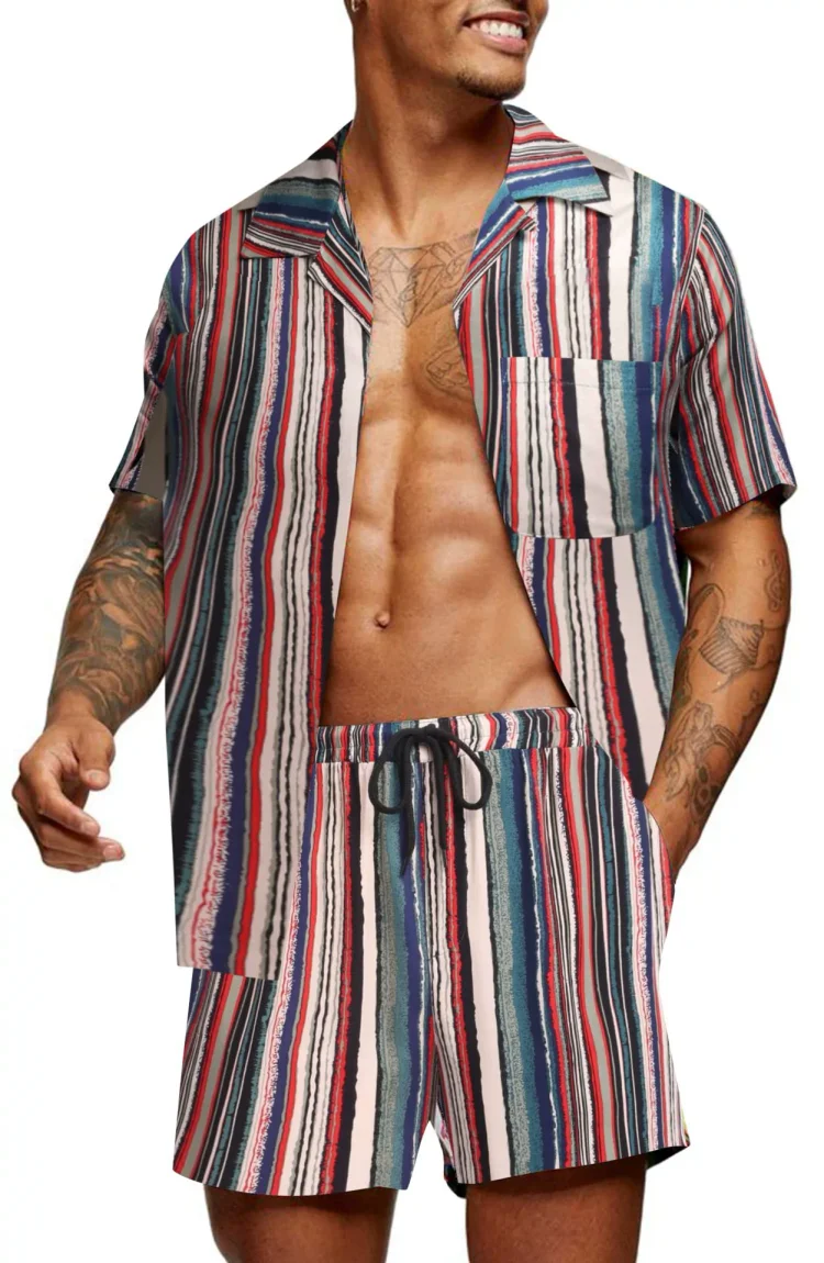 Men's Classic Casual Striped Digital Print Cuban Collar Shirt Shorts Two-Piece Set