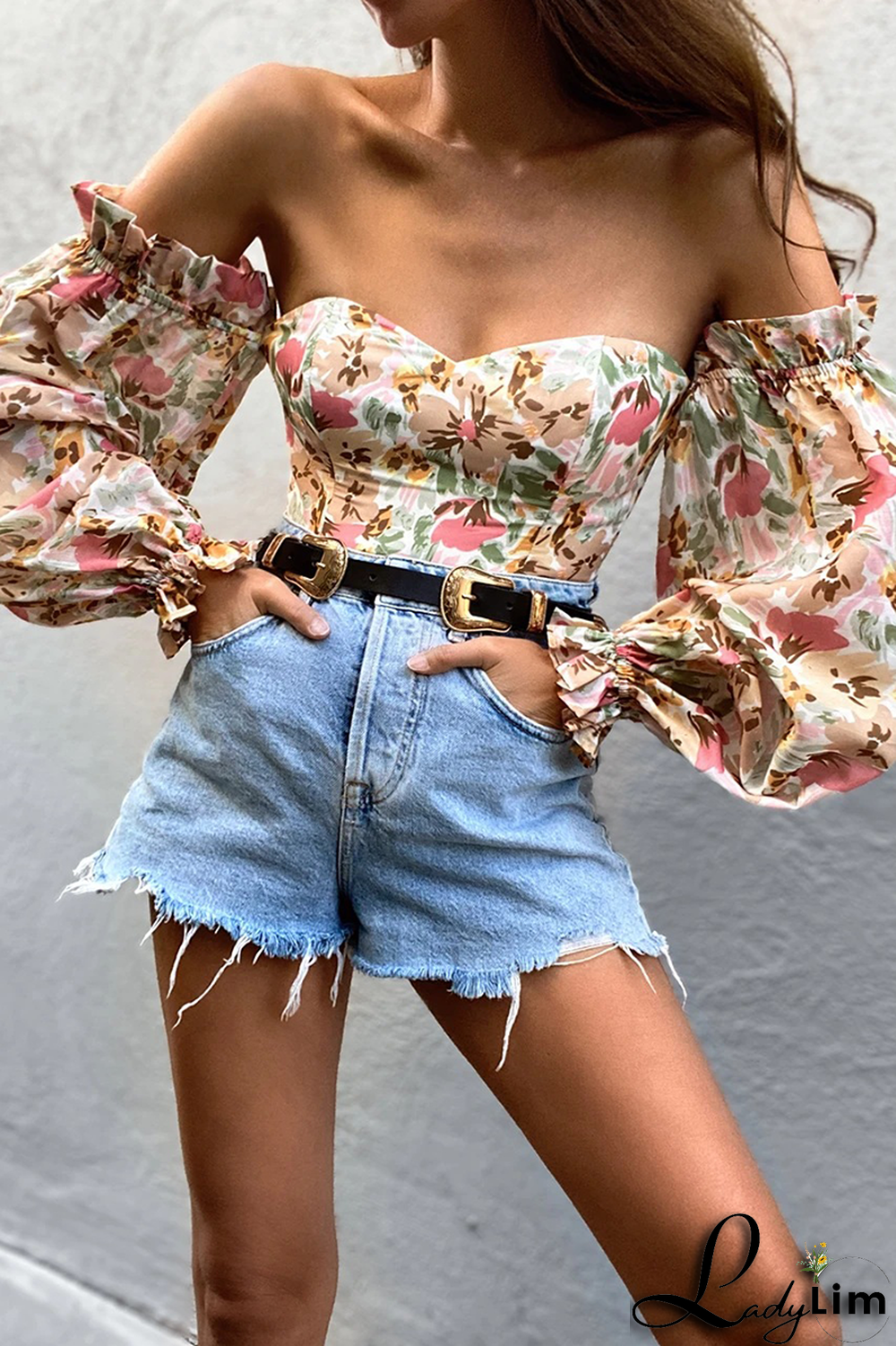 Khaki Fashion Print Patchwork Off the Shoulder Tops