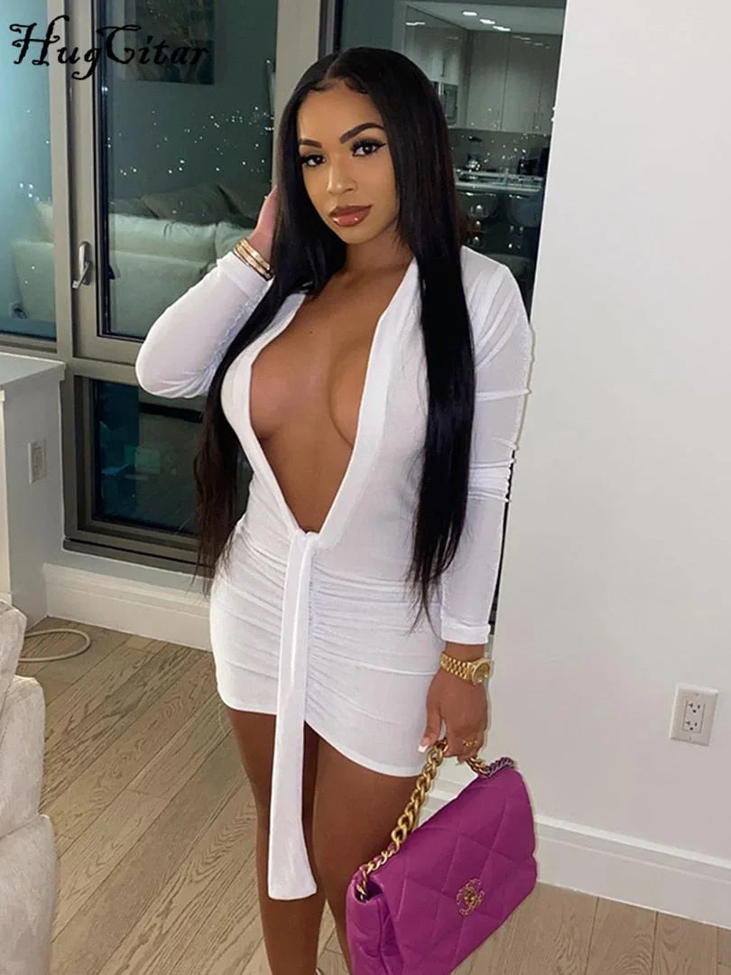 Hugcitar Pleated Drawstrings Long Sleeveless Women Deep V Neck Mini Dress Bodycon Sexy Streetwear Party Club 2022 Summer Clothes