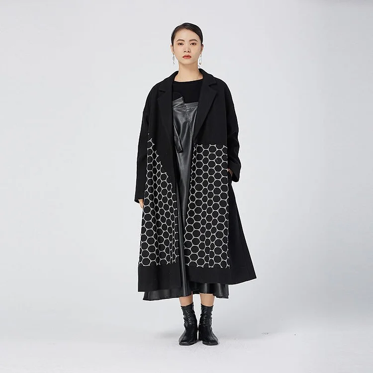 Fashion Loose Lapel Solid Color Embroidery Round Shape Long Sleeve Coat             