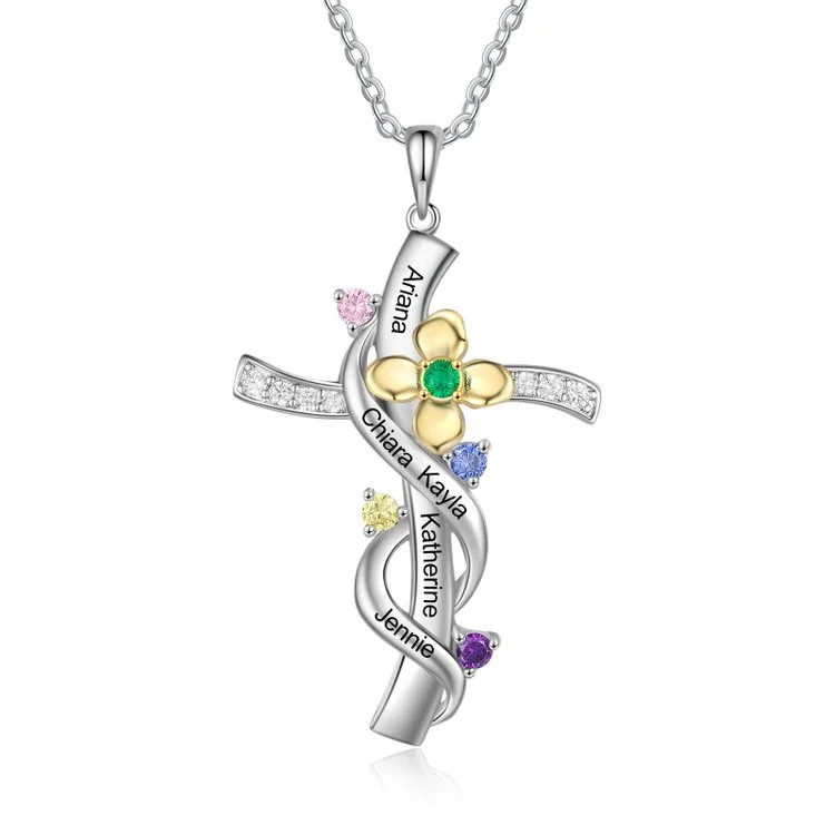 Cross Flower Pendant 5 Engraved Name with 5 Birthstone