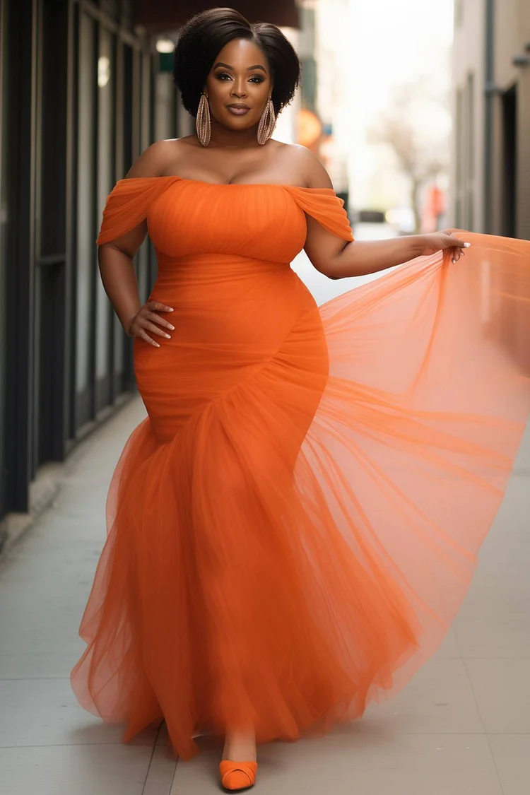 Xpluswear Design Plus Size Formal Orange Off The Shoulder Mermaid Tulle Maxi Dresses [Pre-Order]