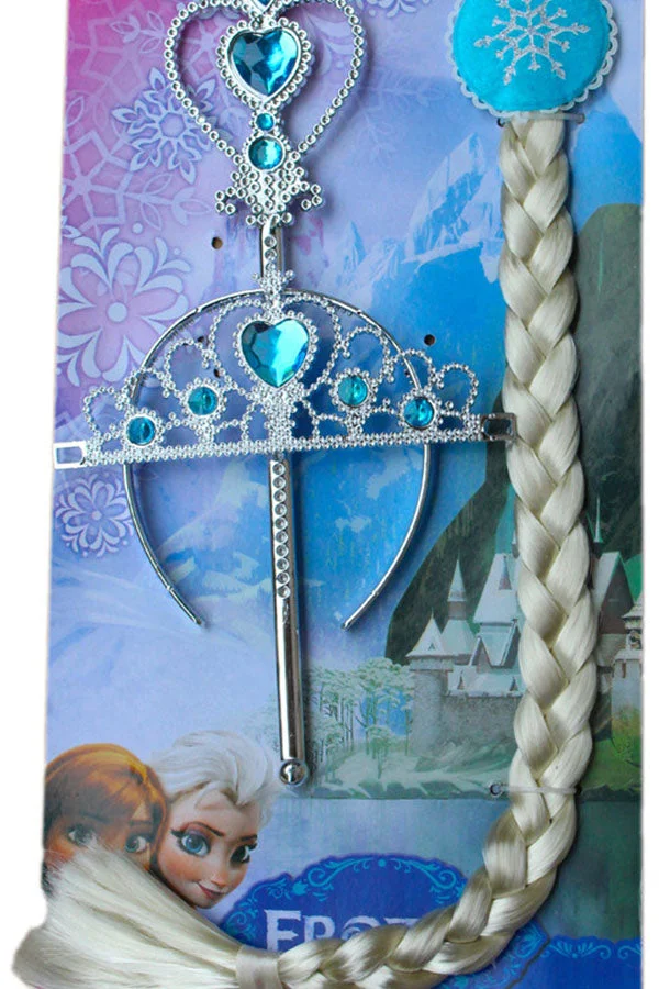 Halloween Accessories Graceful Girl Frozen Elsa Crown Wand And Wig Blue-elleschic